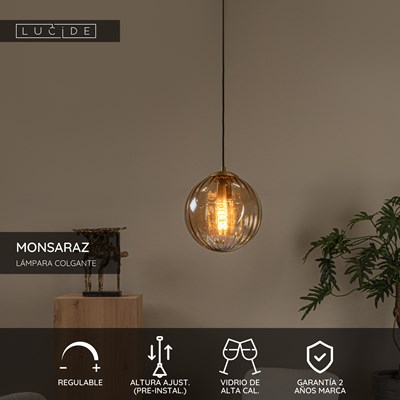 Lucide MONSARAZ - Lámpara colgante - Ø 25 cm - 1xE27 - Ámbar